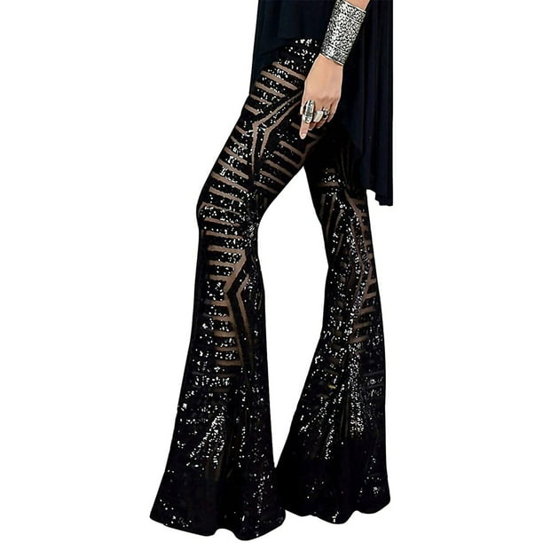 Women's Wide Leg Sequins Pants Trousers Club Glitter Shiny Party Casual Fashion